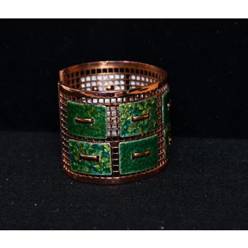 "Tapestry" copper enamel cuff bracelet. Enameled tiles on copper secured to copper mesh frame.